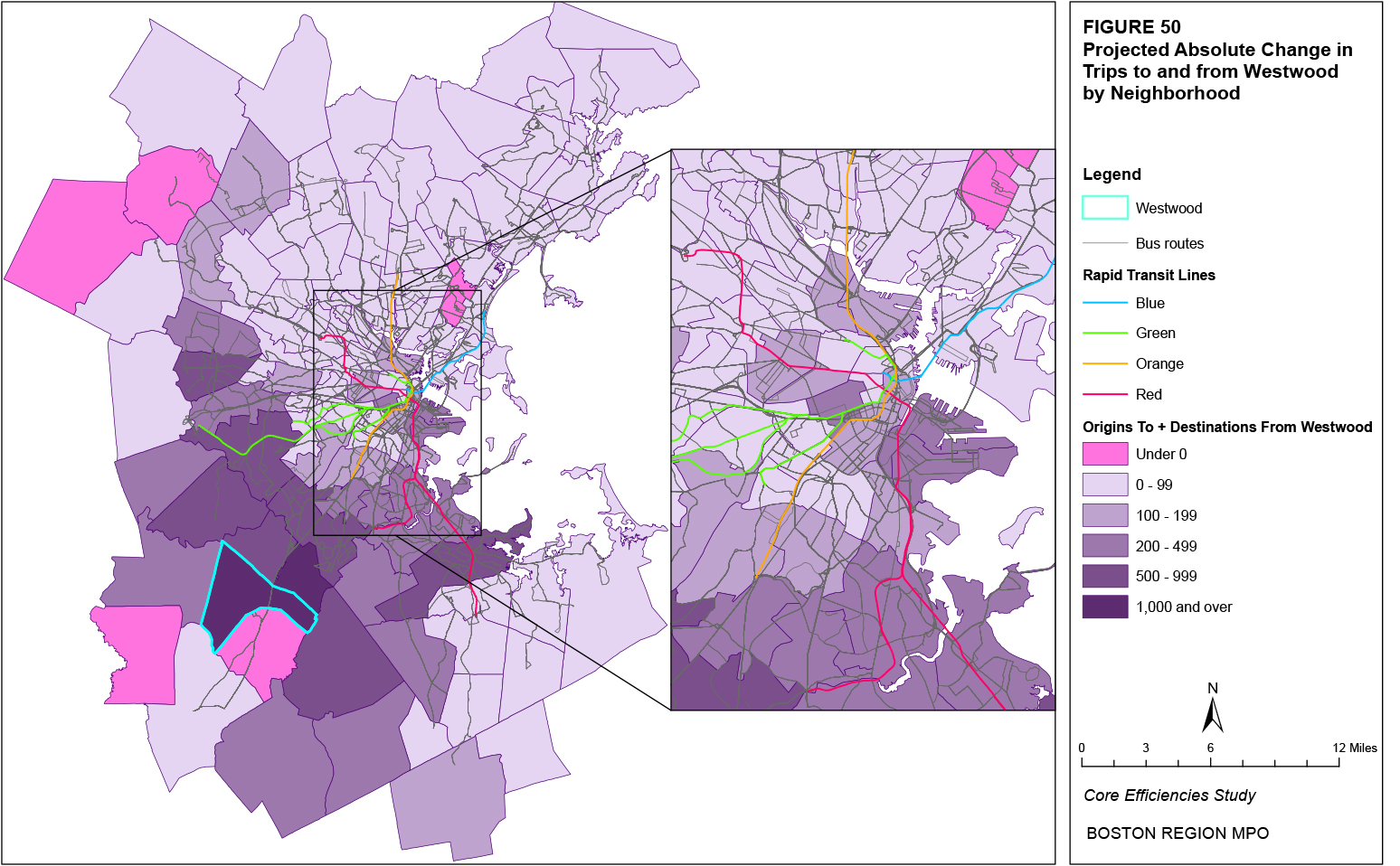 This map shows the projected absolute change in trips to and from the Westwood neighborhood by neighborhood.